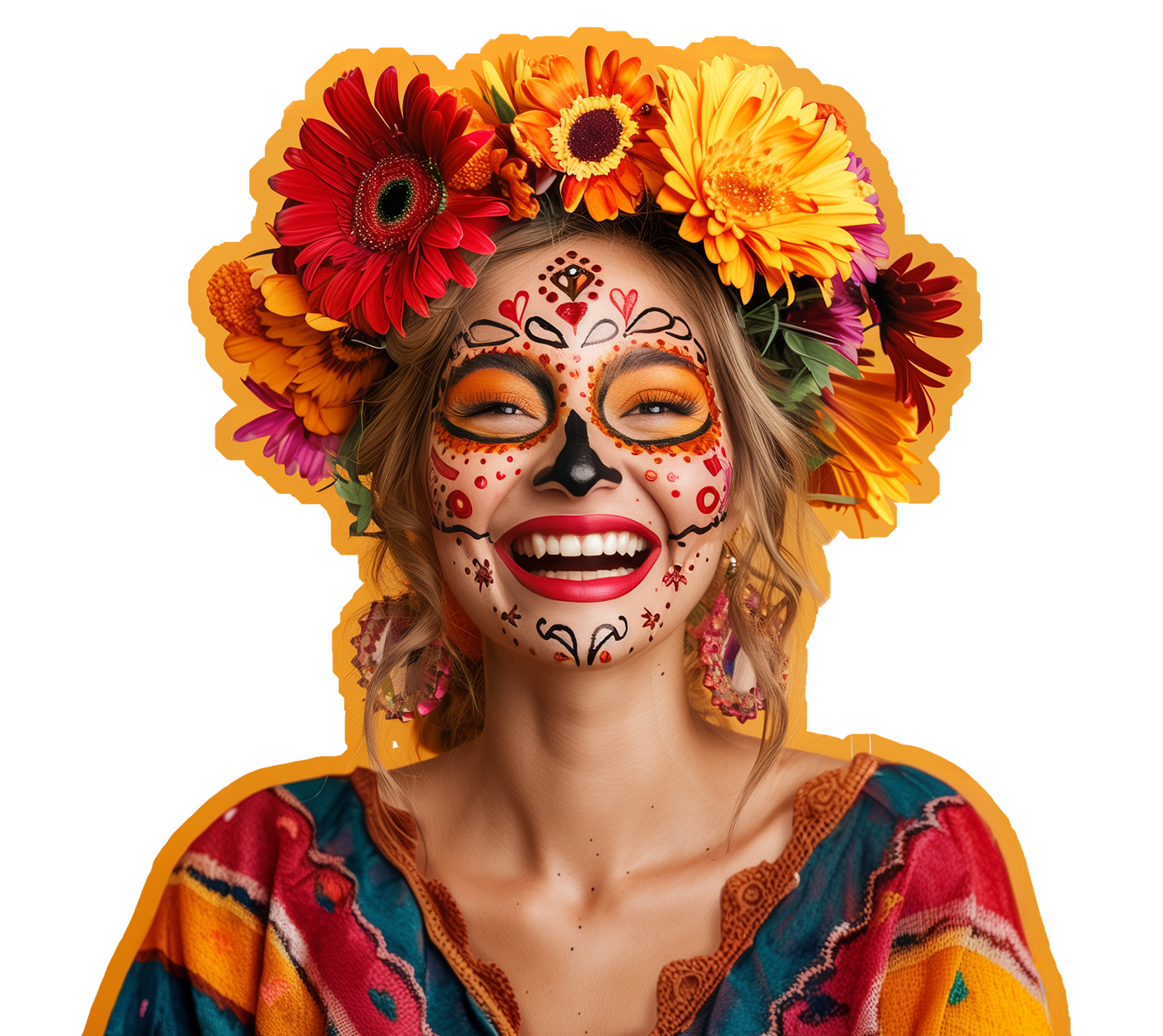 Mulher com maquiagem colorida de caveira mexicana e coroa de flores, sorrindo em um vestido vibrante bordado.