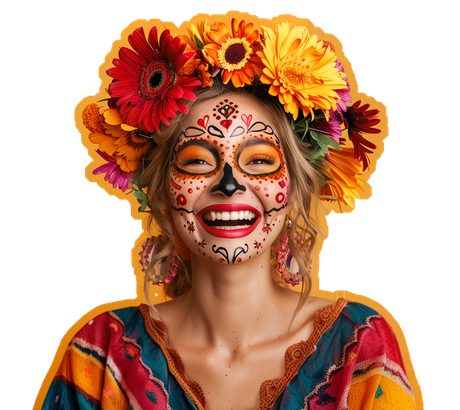 Mulher sorridente com um colorido adorno de cabeça floral e pintura facial do Dia dos Mortos em fundo branco.