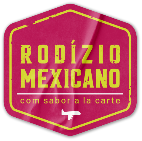 Pink hexagonal logo reading “Rodízio Mexicano” with yellow text and “com sabor a la carte” below
