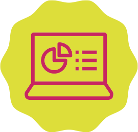 Ícone de laptop magenta com gráfico sobre fundo amarelo.