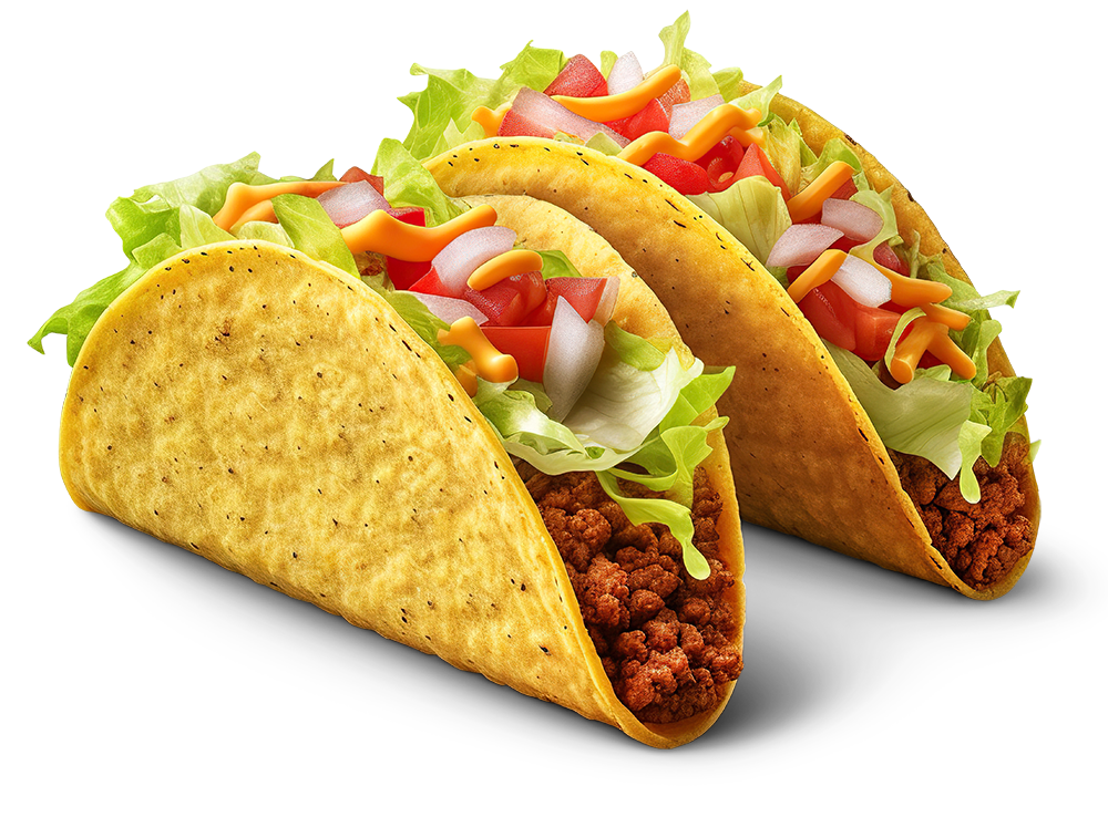 Dois tacos de carne com alface, tomate e queijo sobre um fundo branco.