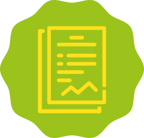 Ícone de um documento em formato arredondado, com um emblema verde e contorno amarelo.