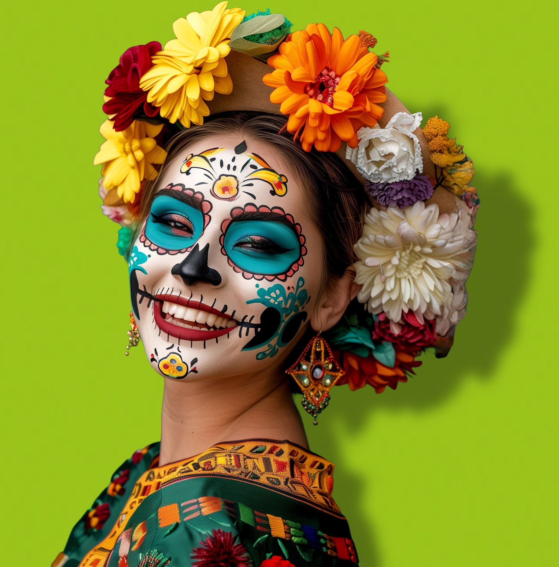 Mulher com pintura facial do Dia dos Mortos, adorno de cabeça com flores coloridas e vestido estampado em fundo verde.