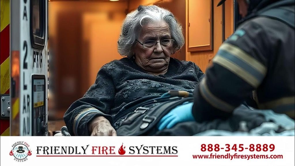 An elderly woman is being loaded into an ambulance by a fireman.