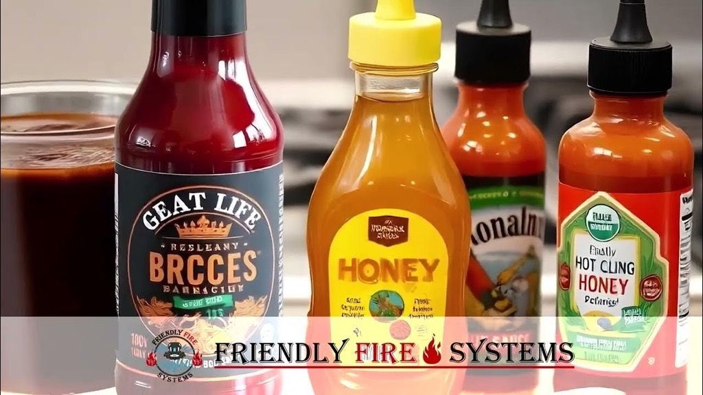 A bottle of honey sits next to a bottle of hot sauce