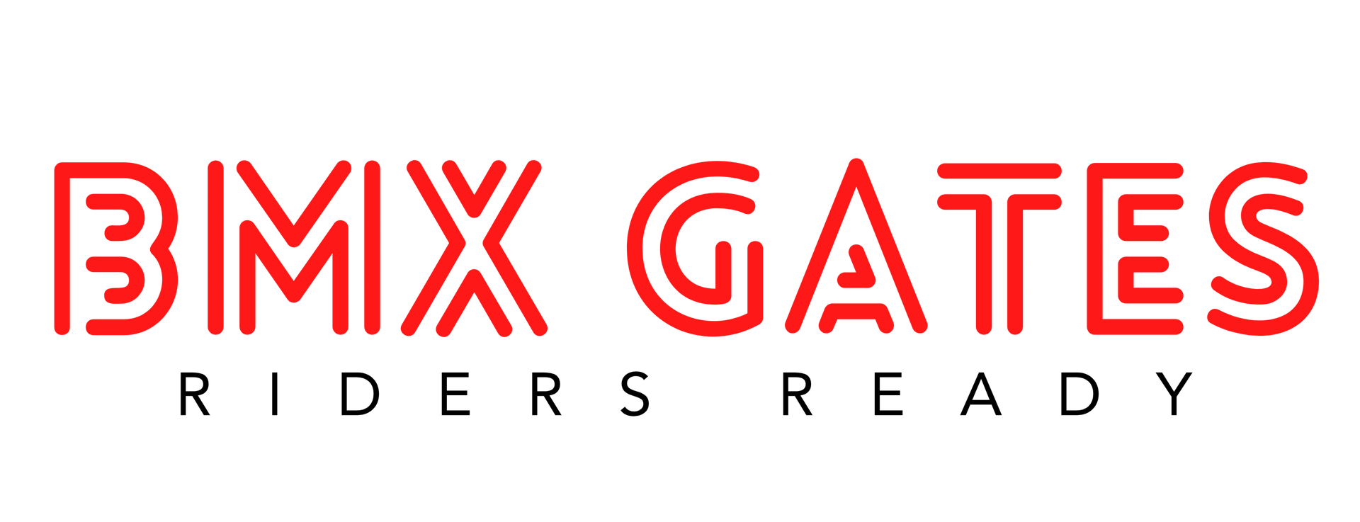 Rood logo: "BMX GATES", met daaronder "RIDERS READY", alles in een gestileerd lettertype.