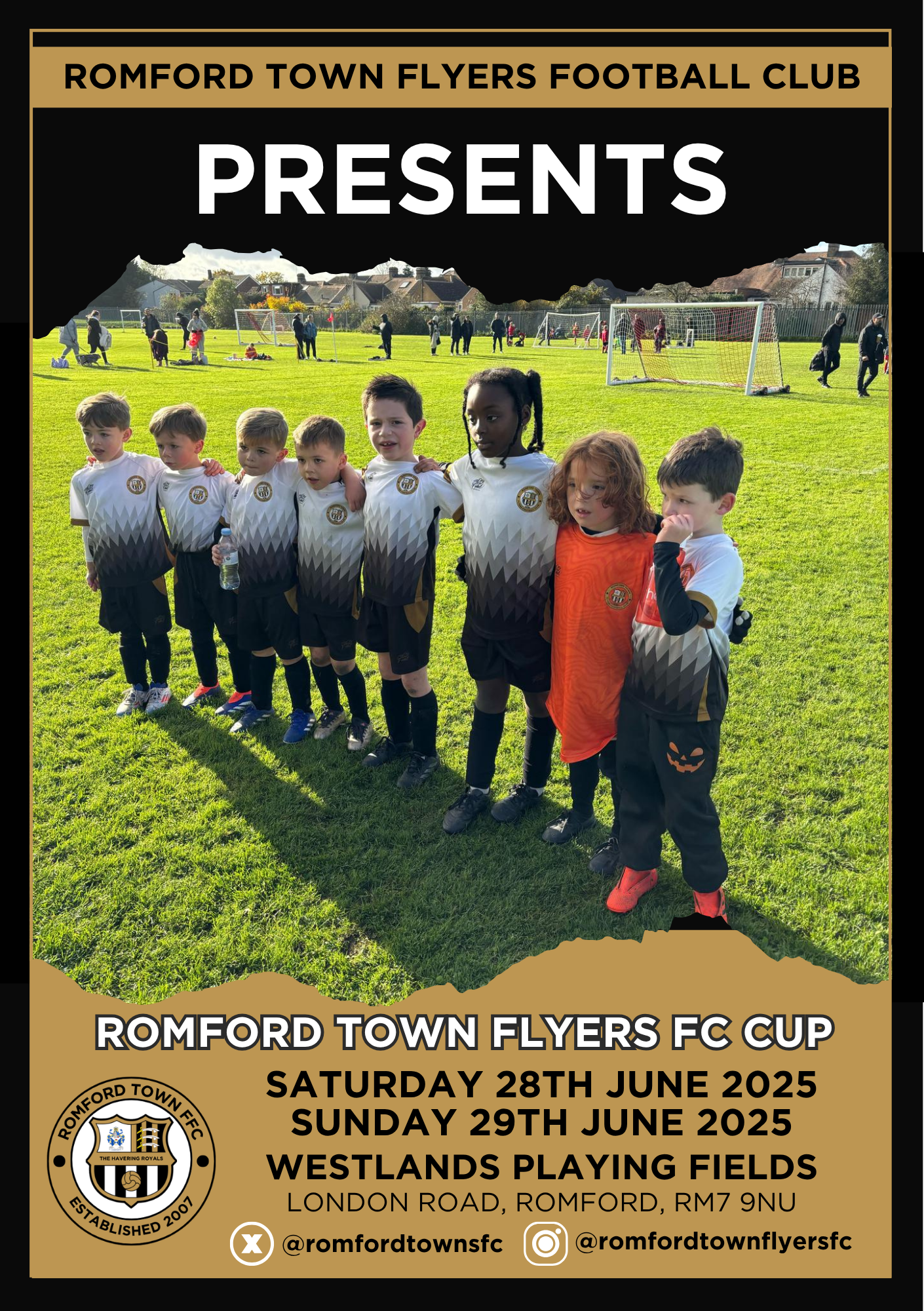 Romford Town Flyers FC poster showing children on a football pitch with event dates and details