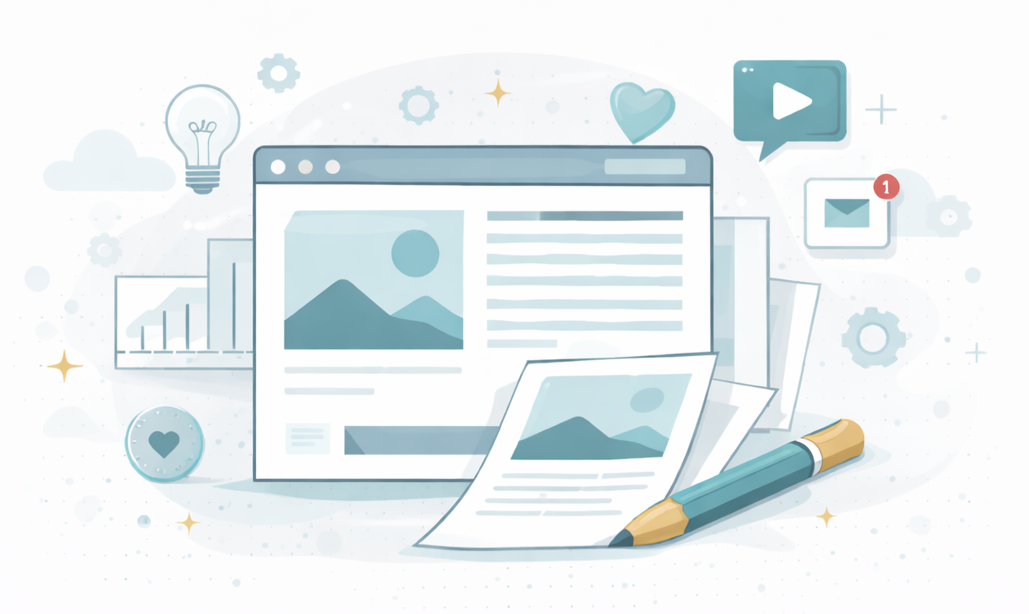 Minimalist website design illustration with browser window, charts, icons, and pencil on a white background