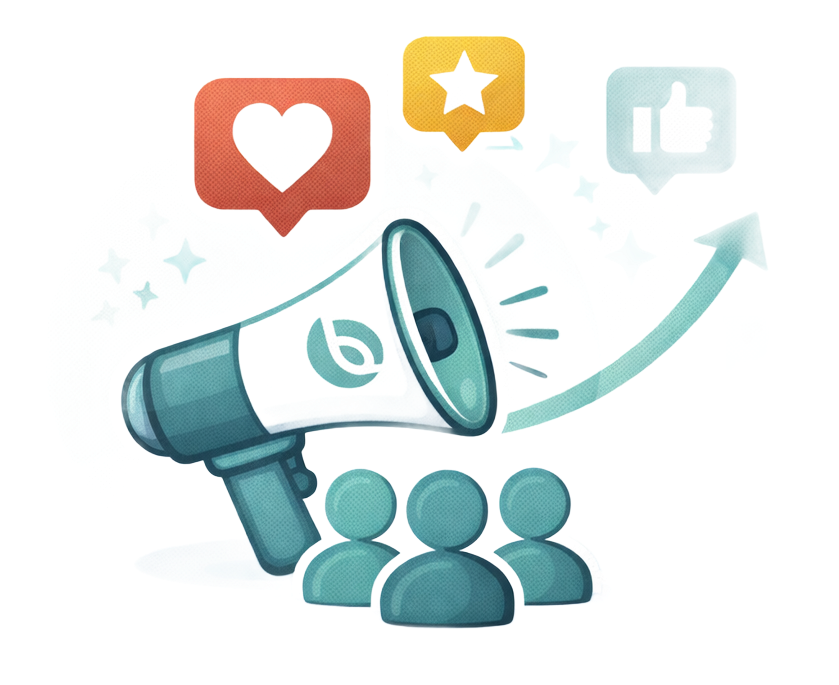 Megaphone boosting social media engagement with likes, stars, and upward growth chart.