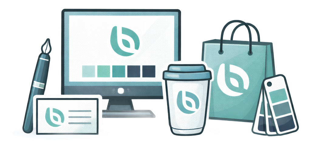 Branding mockups: pen, business card, computer, color palette, coffee cup, shopping bag, all with teal logo.