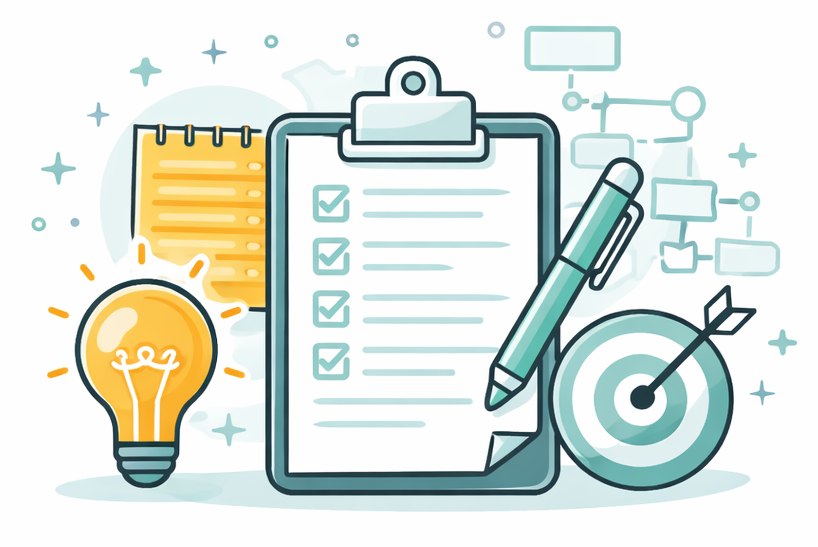 Checklist on clipboard with a pen, target, notepad, flow chart, and lightbulb.