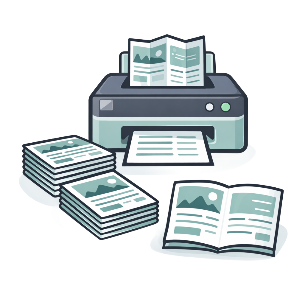 A brochure and booklet printing illustration: printer, ink bottles (CMY), documents, magnifying glass.