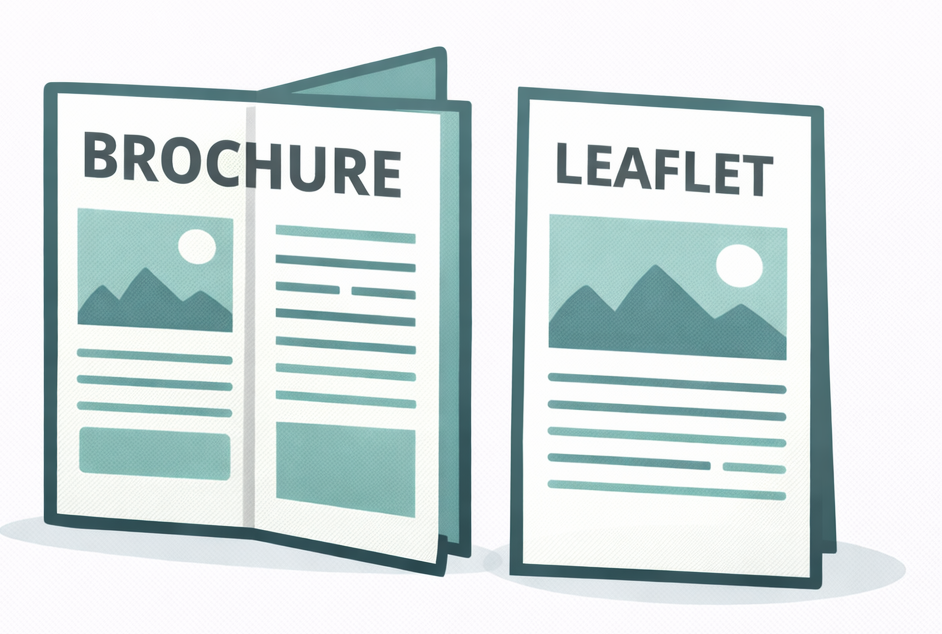 Brochure and leaflet illustrations with mountain and sun graphic, green and white.