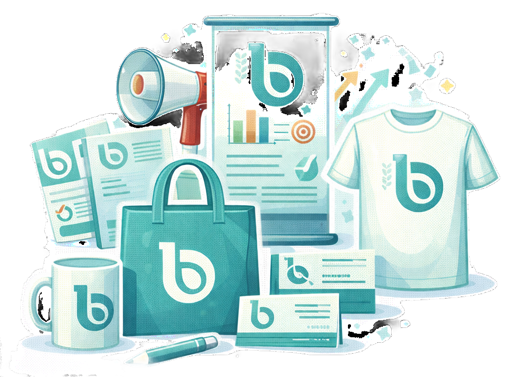 Branding merchandise: logo on mug, tote bag, t-shirt, poster, business cards, megaphone, and flyer.