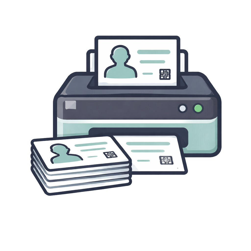 Printer printing ID cards with a person's silhouette and a QR code; a stack of printed cards is next to it.