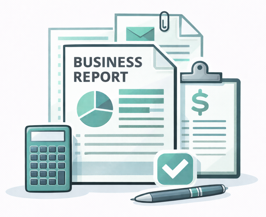 Business report with calculator, papers, and pen, in teal and white.