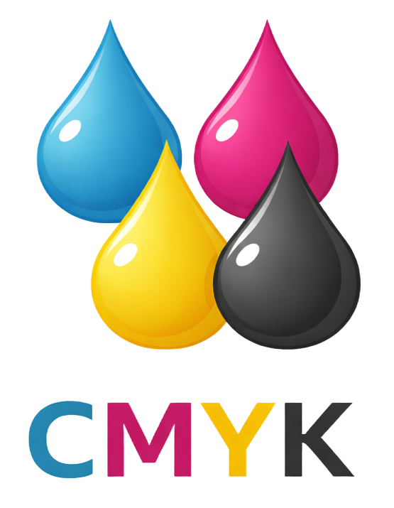 CMYK color model representation with cyan, magenta, yellow, and black ink drops.