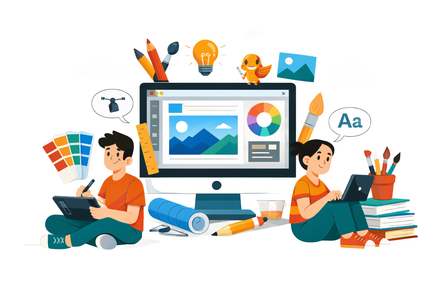 Two people working on graphic design with a computer, drawing tablet, and tools like brushes and pencils.