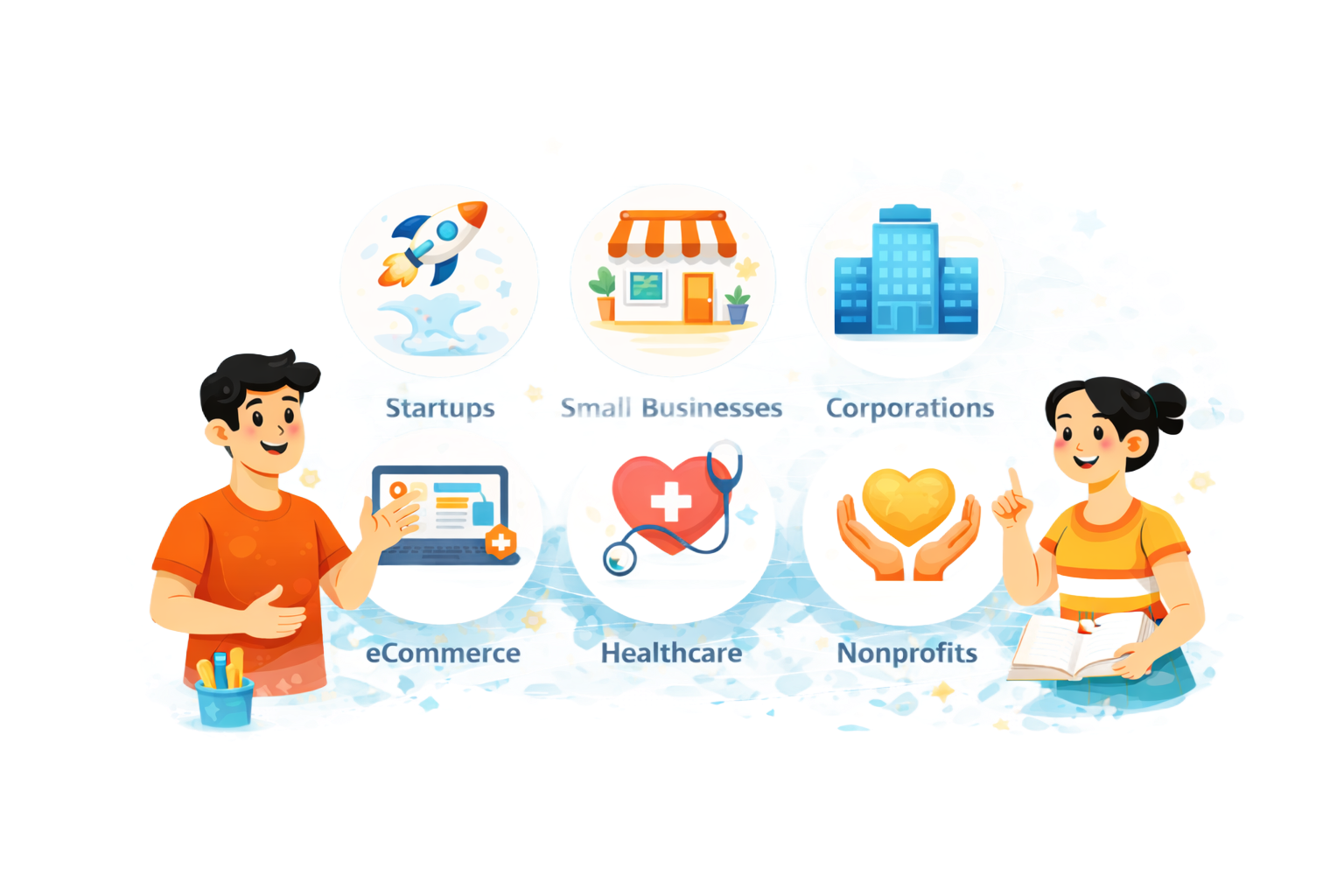 Illustration of a person showing business icons for startups, small businesses, corporations, e-commerce, healthcare, and nonprofits.
