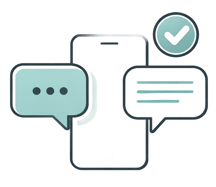 Smartphone with chat bubbles and a checkmark, illustrating clear communication and no hidden costs.