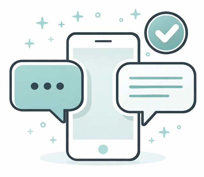 Smartphone with two speech bubbles and a checkmark, suggesting text messaging.