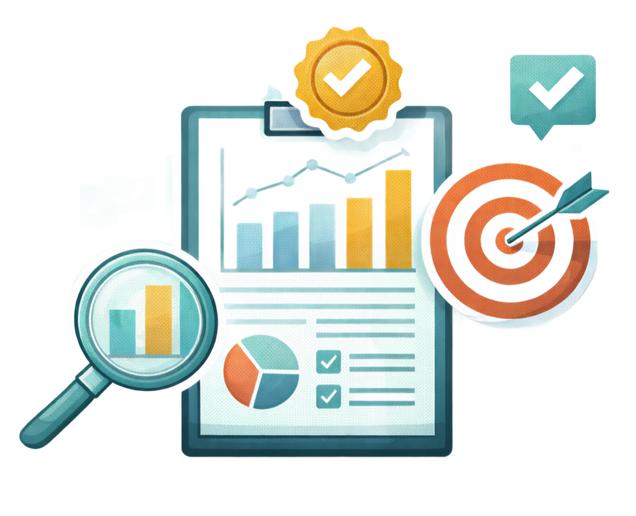 Data analysis and goal achievement visualization: chart, graphs, target, check marks, magnifying glass.