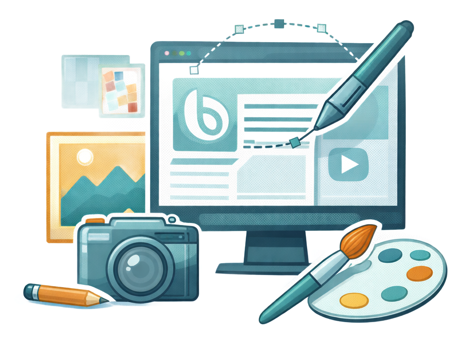 Graphic design tools: computer, camera, paint brush, pencil, and palette with text: Content Creation & Branded Graphics.