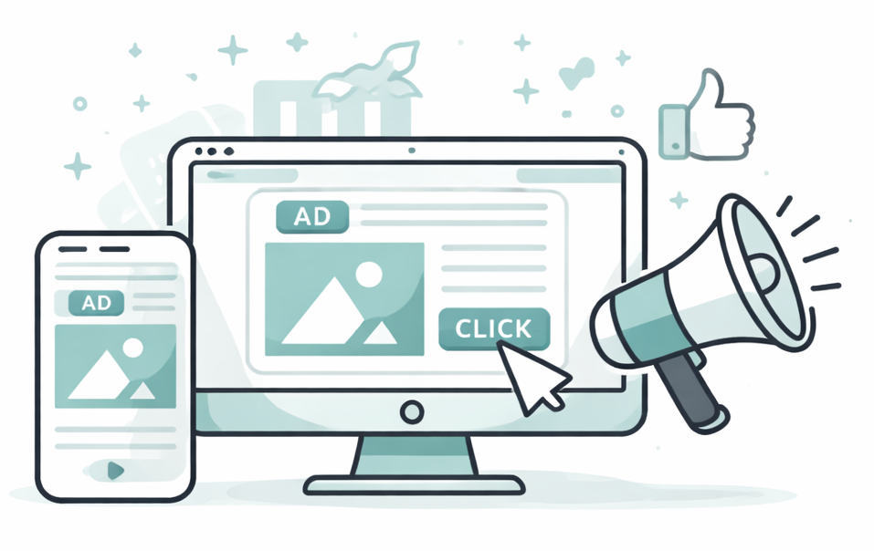 Digital marketing illustration: phone and computer screens display ads, a mouse cursor clicks, and a megaphone is held.