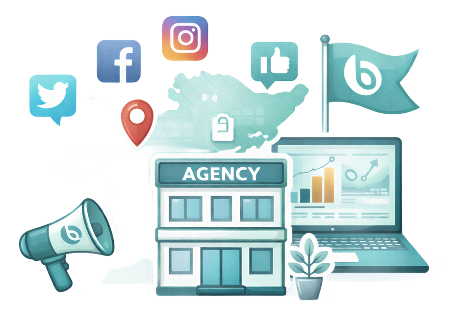 Social media marketing agency with icons, map, megaphone, and laptop displaying graphs.