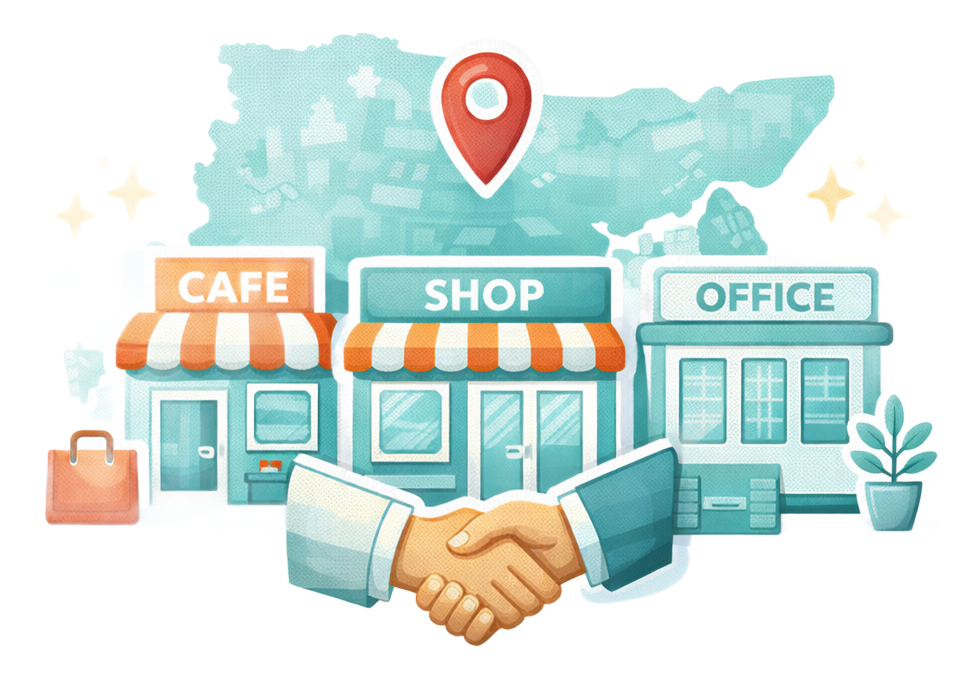 Illustration of three businesses (cafe, shop, office) with a handshake, map, and location marker.