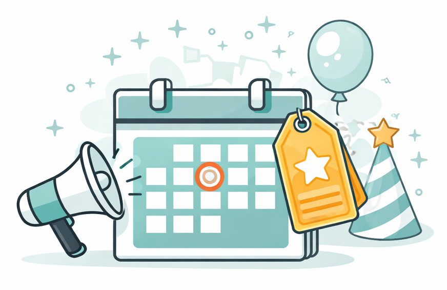 Calendar with marked date, megaphone, tag, balloon, and party hat, promoting an event.