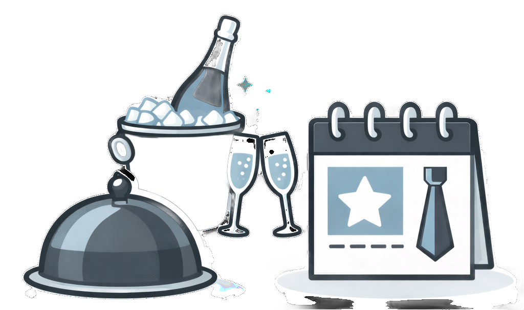 Celebration icons: champagne bucket, cloche, champagne flutes, calendar with star and tie.