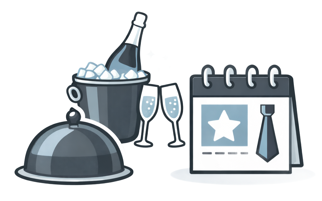 Celebration icon: champagne bottle in ice bucket, glasses, cloche, and calendar with star and tie.