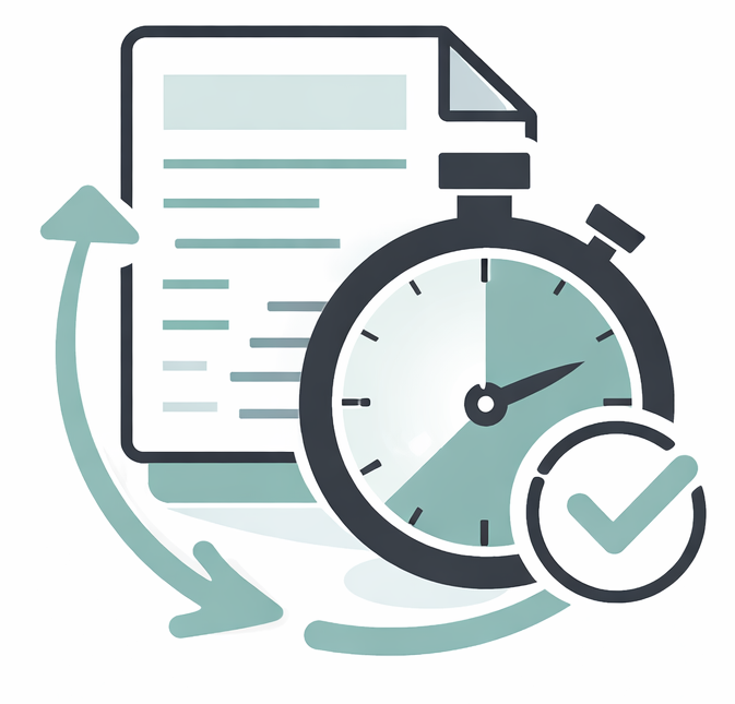 Document, stopwatch, and checkmark with arrows, indicating fast turnaround options.