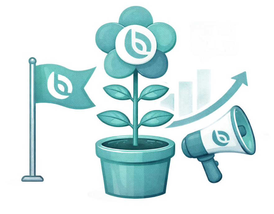 Illustration of a flower growing in a pot, with a flag, chart, megaphone and star icon, all in teal.