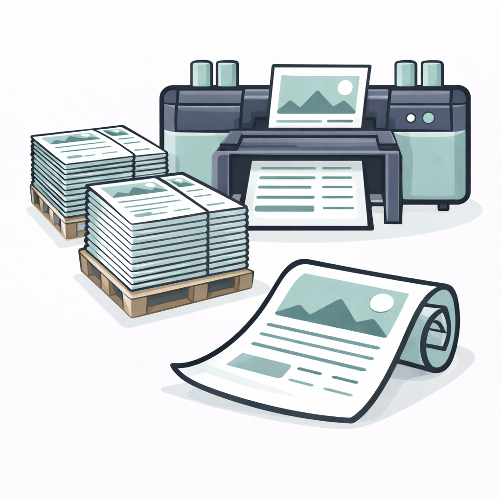 Printer producing documents, with stacks of paper and a printed roll.