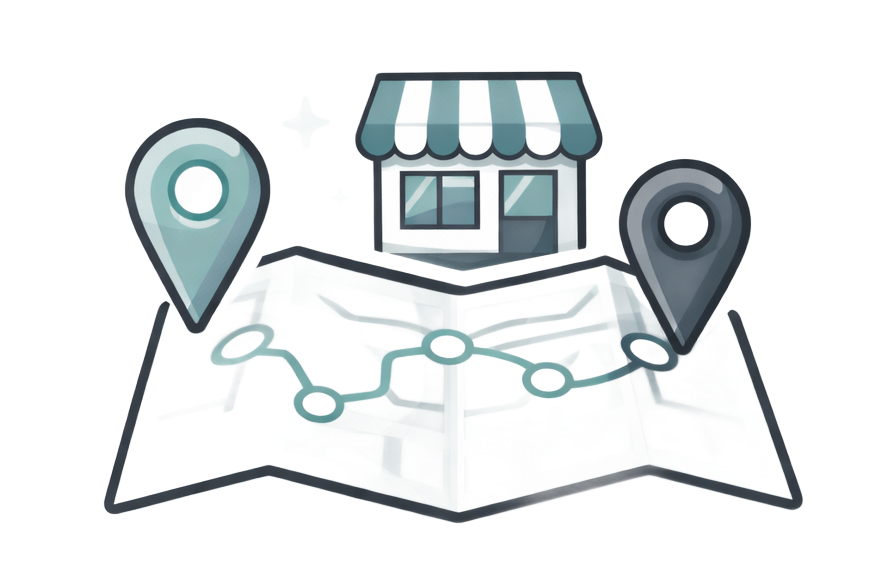 Map with path, shop, and location markers.