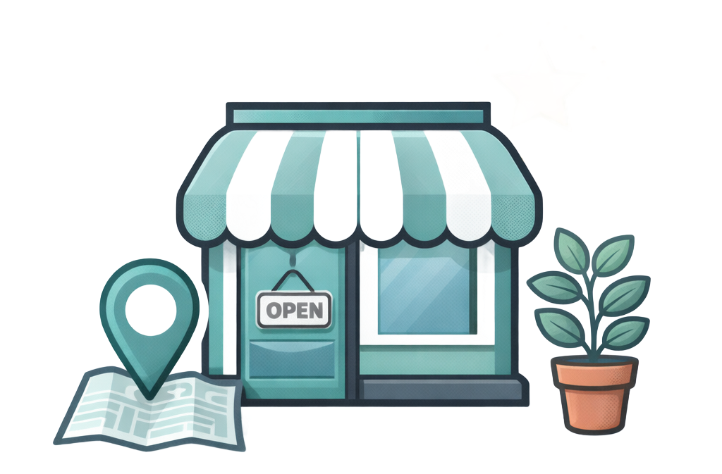 Shopfront with map pin, star, and potted plant.