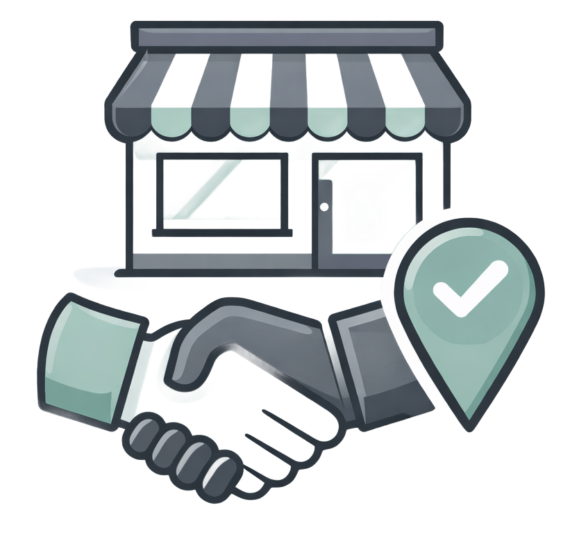 Handshake over a shop, with a location pin and checkmark. Agreement.