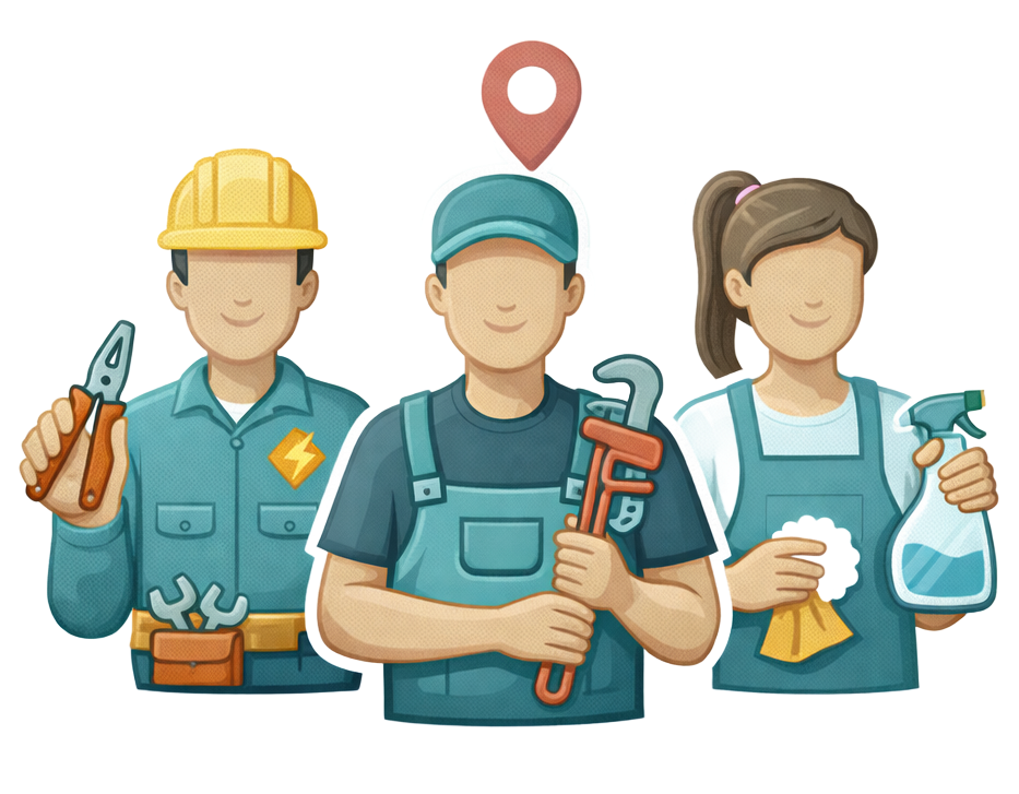 Three service professionals with tools, a map pin, and document.