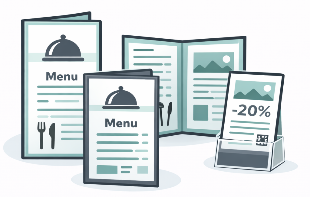 Menus in various forms: folded, open, and a display with a discount sign.