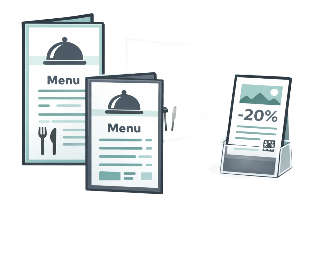 Menus and promotional display showing menu options for a restaurant. Includes a sign offering a 20% discount.