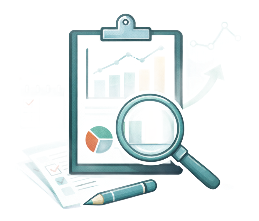 Charts, graphs, and a magnifying glass on a clipboard, representing monthly reporting and insights.