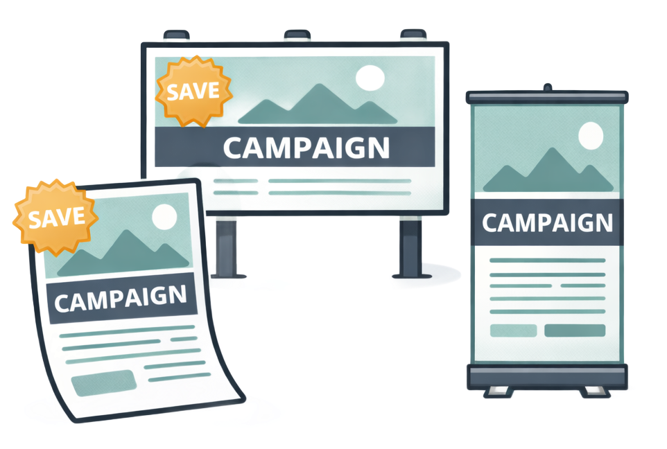 Marketing campaign: billboard, poster, and retractable banner with save tag.