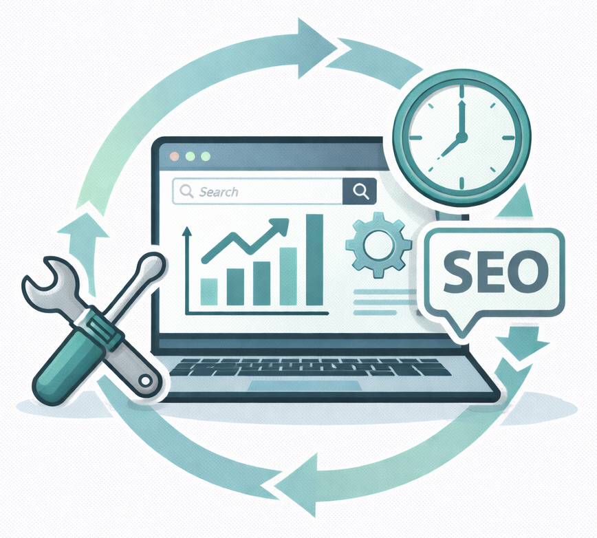 Laptop with SEO data, surrounded by tools and arrows, representing ongoing SEO support.