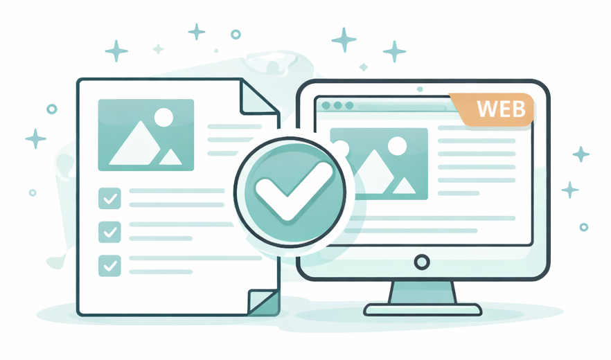 Document with checklist and image transforms into a webpage. A large checkmark confirms.