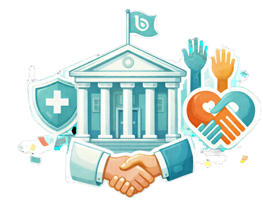 Organizations concept: hands shaking in front of a building with hands raising and a heart symbol.