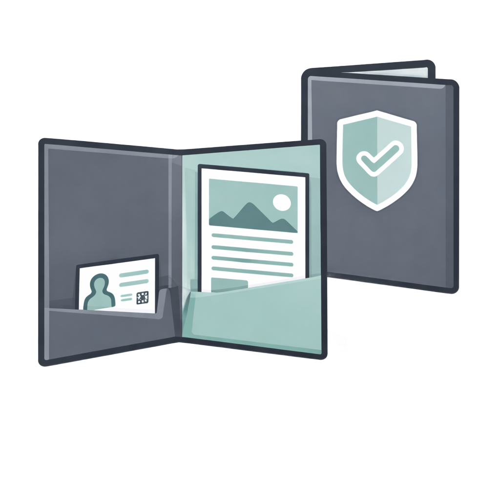 Folders with documents, ID card, and a shield icon.