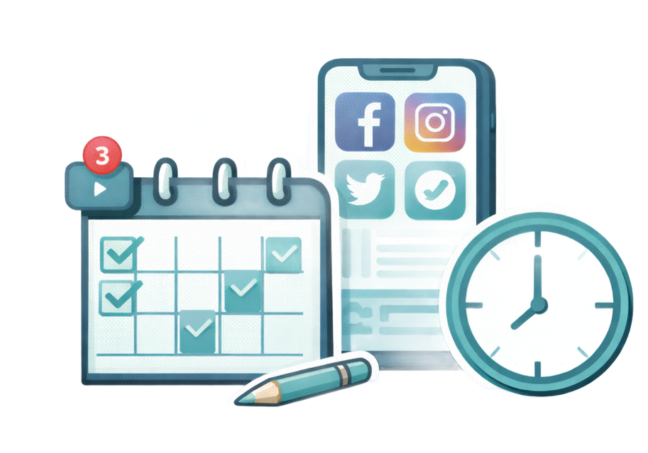 Post scheduling and account management: calendar, phone with social media icons, clock, and pencil.