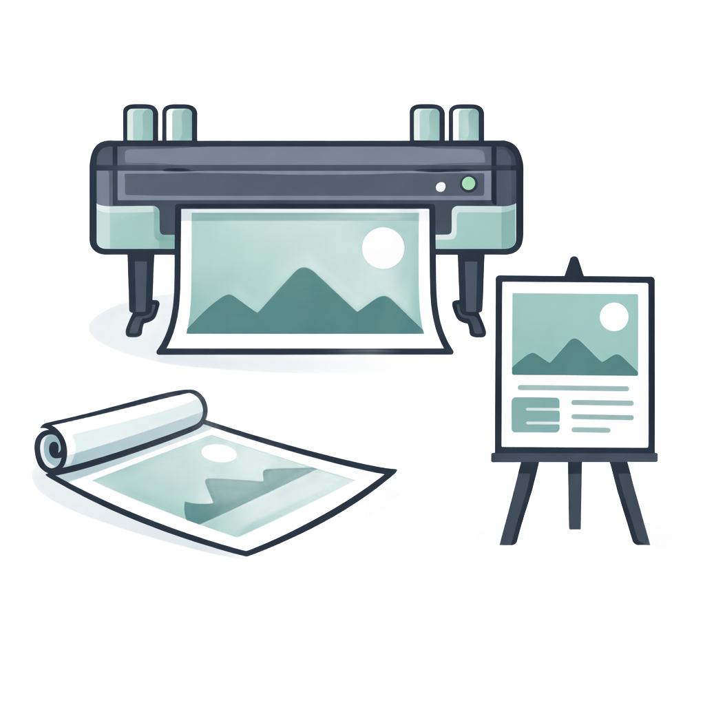 A large format printer printing a landscape image, with printouts and a display on an easel.